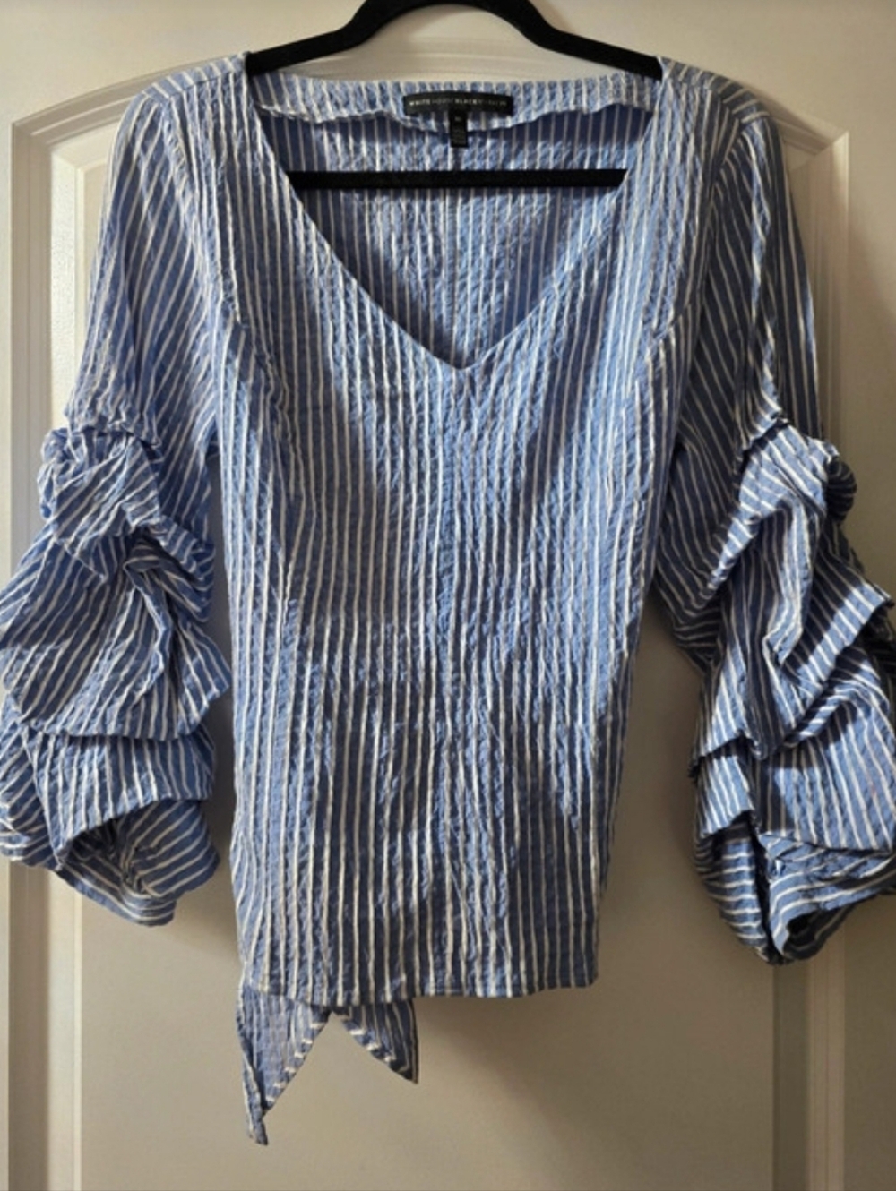 White House Black Market Blue and White Striped V-Neck Ruffle Sleeve Top